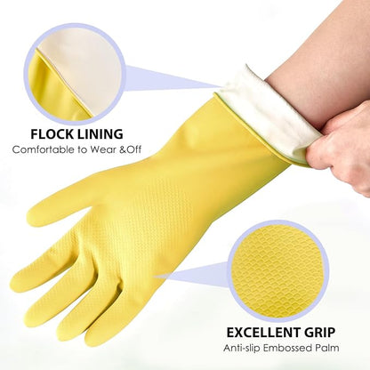 Rubber Kitchen Dishwashing Gloves - 4 Pairs Colorful Reusable Cleaning Gloves for Kitchen Washing Dishes and Household Cleaning(Large, Yellow+Red)