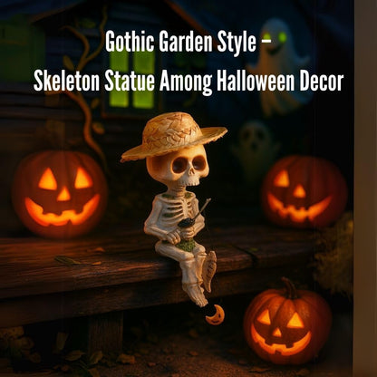 BILICAM Mini Skeleton Fishing Figurine – 4.5” Gothic Summerween Decor for Outdoor Pond, Halloween Poolside Table, or Spooky Cocktail Cup | Cute Skull Statue for Goth Garden & Halloween Party Display