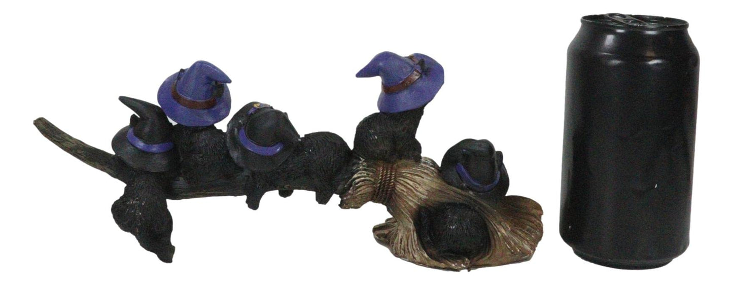 Ebros Gift Lifelike Witching Hour Halloween 5 Black Cats with Witch Hat Riding Long Magical Broomstick Figurine with Glass Eyes Witches Wicca Occult Feline Kittens Decor Figurine