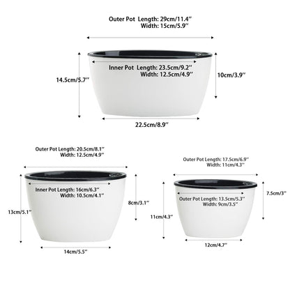 Sungmor Set of 3 Self-Watering Planter Pots - Modern White Plastic Flower Pots for Indoor Plants - Oval Indoor/Outdoor Planters with Water Reservoir, Home & Office Decor