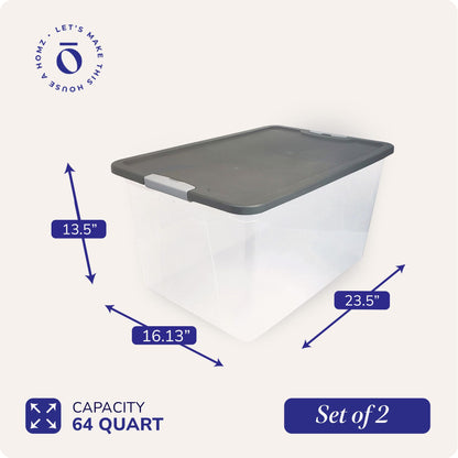 HOMZ 2-Pack Secure Latch, Clear Plastic Storage Organizer Bins, 64 Quart, Gray Lid - Heavy-Duty Container Boxes with Lids for Home, Office, and Garage