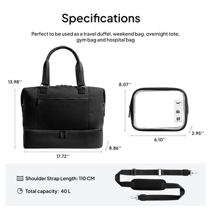 Travel Duffle Bag for Women,40L Weekender Bags Airline Approved Carry On with Shoe Compartment & Waterproof Wet Pocket, Durable Nylon Weekender Overnight Bag for Travel, Gym, Business Trip, Black