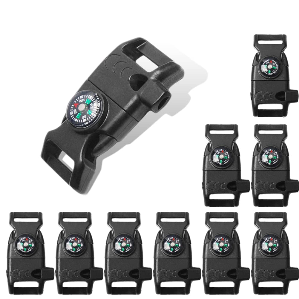 10pcs Pack Black 5/8" Compass Flint Scraper Fire Starter Whistle Buckle Plastic Paracord Bracelet Outdoor Camping Emergency Survival Travel Kits #FLC158-FWC(Black)