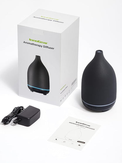 InnoGear Oil Diffuser, 150ML Ceramic Diffuser for Essential Oils Handcrafted Aromatherapy Diffuser Mother's Gift Ultrasonic Cool Mist Humidifier with 2 Mist Modes Waterless Auto Off for Home, Black