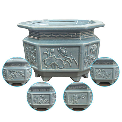 HUOMUSIR 8-Inch Large Octagon Bonsai Pot Light Blue Water Glaze Bonsai Tree Ceramic Flower Pot Handmade