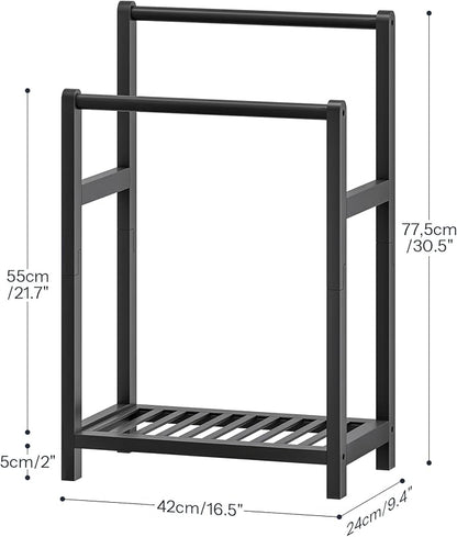 HOOBRO Freestanding Towel Rack for Bathroom, 2 Tier Decorative Bamboo Blanket Rack, Quilt Display Stand with Storage Shelf, 16.5" L x 9.4" W x 30.5" H, Bedroom, Living Room, Black BK02LB01