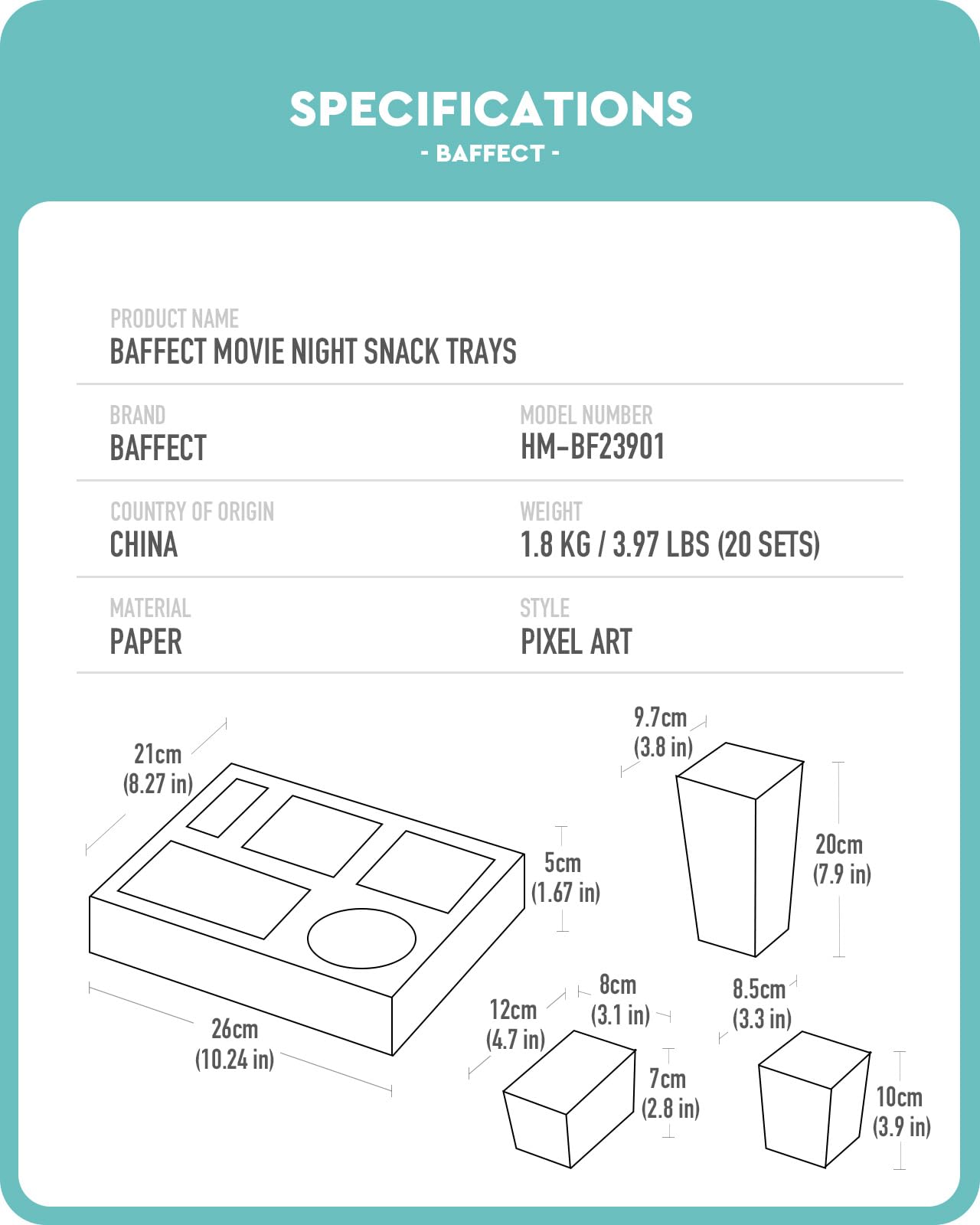 Baffect Movie Night Snack Trays 100pcs Include 20 Pixel Party Trays, 20 Popcorn Boxes, 20 Salad Bowls, 20 Nacho Bowls, 20 Movie Party Invitations, Outdoor Movie Night Supplies For Nacho Bar