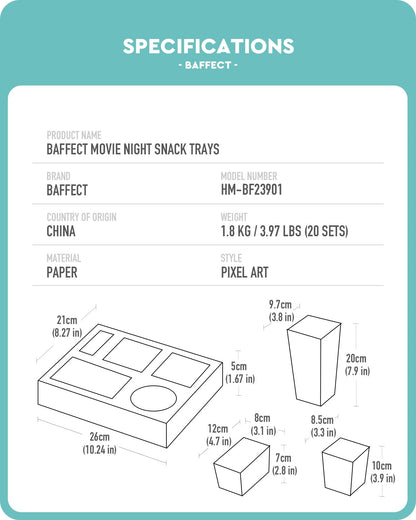 Baffect Movie Night Snack Trays 100pcs Include 20 Pixel Party Trays, 20 Popcorn Boxes, 20 Salad Bowls, 20 Nacho Bowls, 20 Movie Party Invitations, Outdoor Movie Night Supplies For Nacho Bar