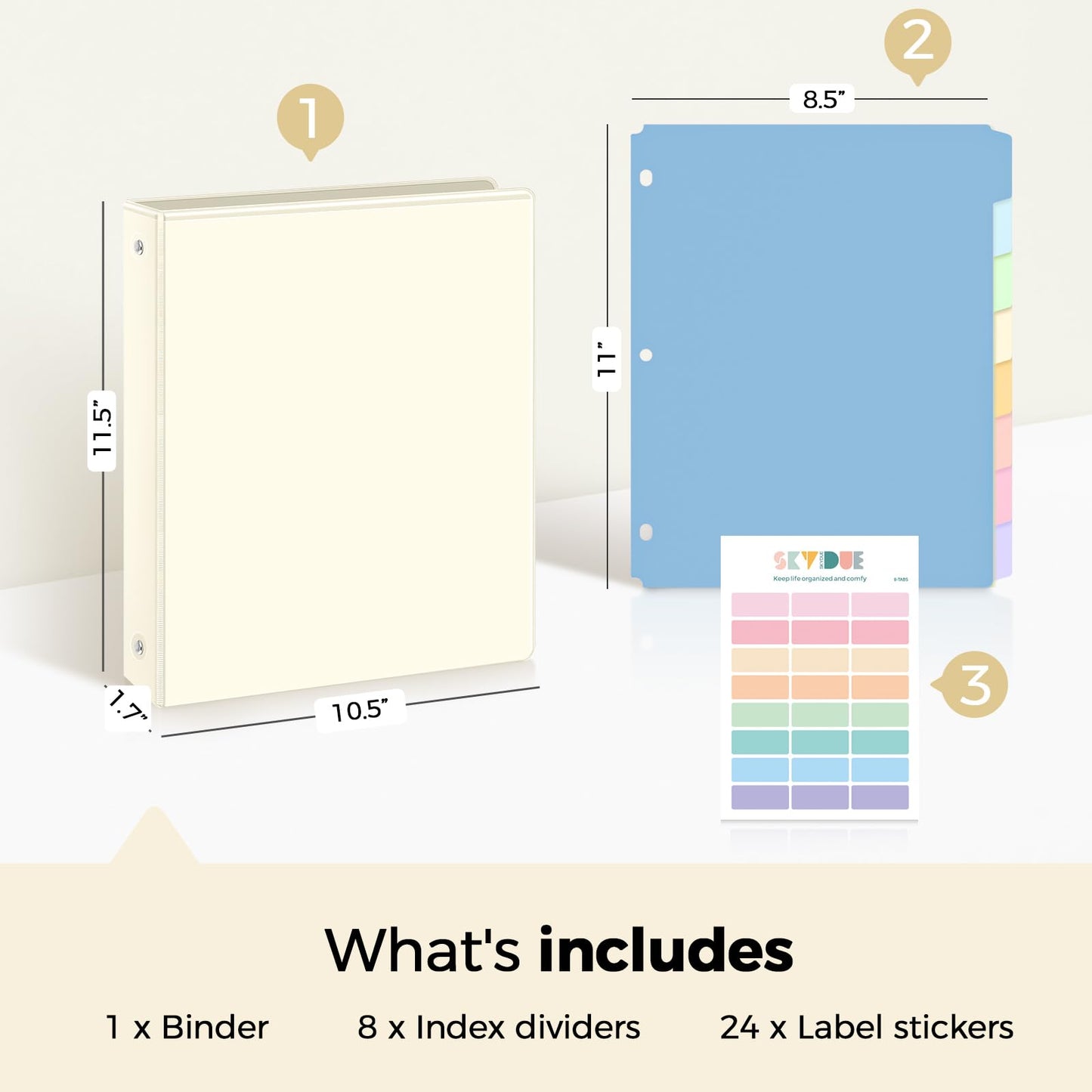 SKYDUE 1 Inch 3 Ring Binder with 8 Tab Dividers & 24 Labels, Pastel Binder Organizer for Letter Size Paper, Aesthetic School Binder for Notes, Documents, Office & Home Organization, Pearl White