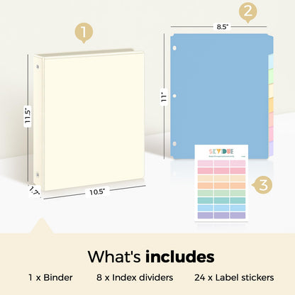SKYDUE 1 Inch 3 Ring Binder with 8 Tab Dividers & 24 Labels, Pastel Binder Organizer for Letter Size Paper, Aesthetic School Binder for Notes, Documents, Office & Home Organization, Pearl White