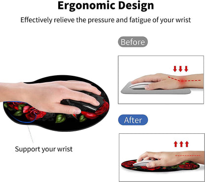 Mouse Pad with Wrist Support Gel, Ergonomic Mouse Pad with Comfortable Wrist Rest, Gaming Mousepad Non-Slip PU Base for Laptop Office Easy Typing & Pain Relief,Red Roses Flowers