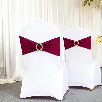 MAGTOWNE Burgundy Chair Sashes 50 Pack with Gold Buckle Slider, Spandex Wine Red Chair Bands Bows for Folding Chairs Wedding Party Banquet Décor
