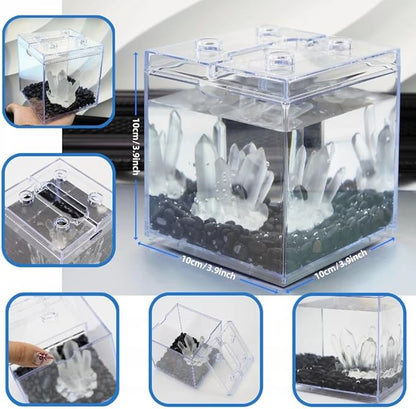 Mini Betta Fish Tank, Stackable Small Fish Bowl for Desktop Decoration, 0.2 Gallon 360° Rotatable Tiny Aquarium Kit with Gravels & Resin Crystal Cluster for Sea Monkey, Shrimp