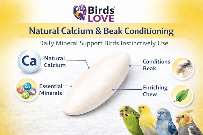 Birds LOVE 7.5-8" Cuttlebone for Birds – 100% Natural Sun-Dried Calcium Carbonate Mineral Supplement – for Parakeets, Budgies, Cockatiels, Finches & Canaries – 12 Pack with Holder – Made in Vietnam