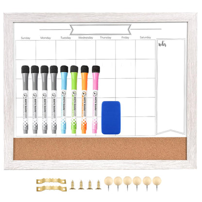 Dry Erase Calendar Whiteboard for Wall, Combination Magnetic Dry Erase White Board & Bulletin Board, 13" x 17" White Wood Framed Calendar/Cork Combo Board,Including 8 Markers and 1 Eraser(WH-3343+1)
