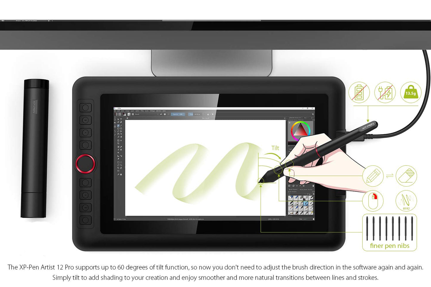 XPPen Artist12 Pro 11.6" Drawing Tablet with Screen Pen Display Full-Laminated Graphics Tablet with Tilt Function Battery-Free Stylus and 8 Shortcut Keys(8192 Levels Pen Pressure and 72% NTSC)