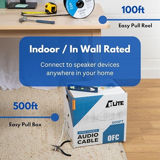 Elite 14/4 Speaker Wire 100ft, UL Listed, CMR/CL3R, (Riser/In-Wall & Outdoor/In-Ground (Direct Burial)- 100% Oxygen Free Pure Bare Copper (OFC), 14AWG/4-Conductor, 100ft Bulk Cable (105 strands) White