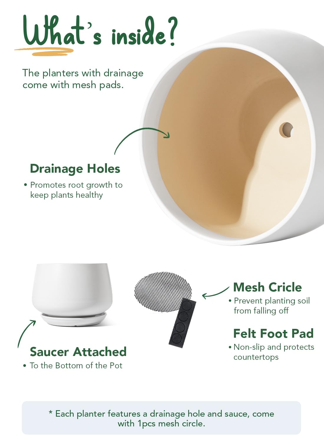 LE TAUCI Ceramic Planter, 10 Inch Plant Pot with Drainage Hole & Saucer – Durable Indoor Planter for Modern Home Decor, White