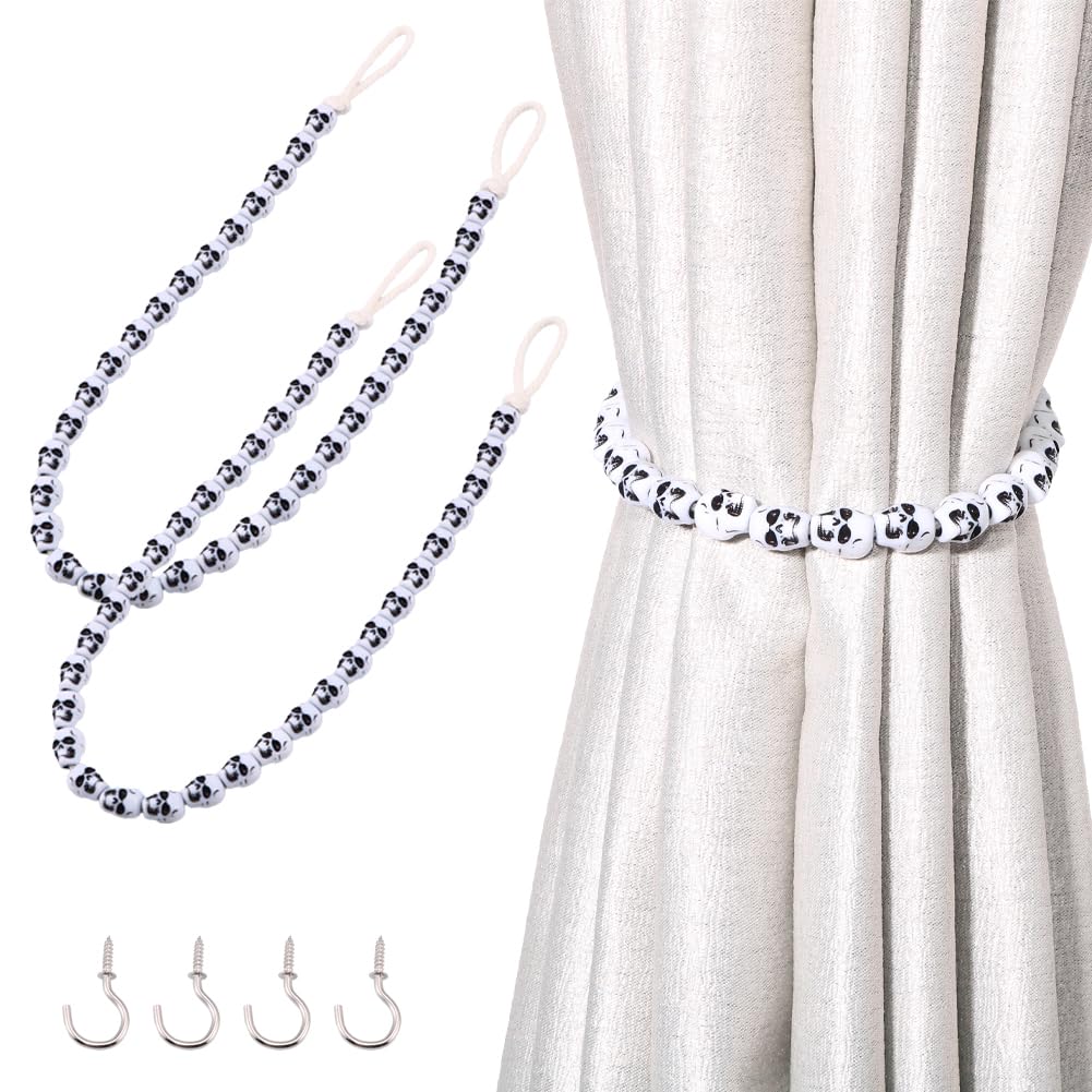 2Pcs Skeleton Curtain Tieback Halloween Curtain Holdbacks Wall Curtain Ties for Halloween Decor (Black)
