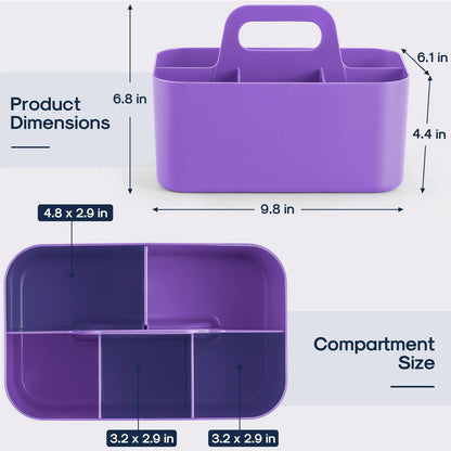Multiuse Caddy Organizer with Handle, Portable Divided Plastic Tote Bin - Art Craft, Stationary Pen Marker Crayon, Makeup Hair Supplies Storage - Bathroom, Classroom, Dorm, Office, Desk Holder -Purple