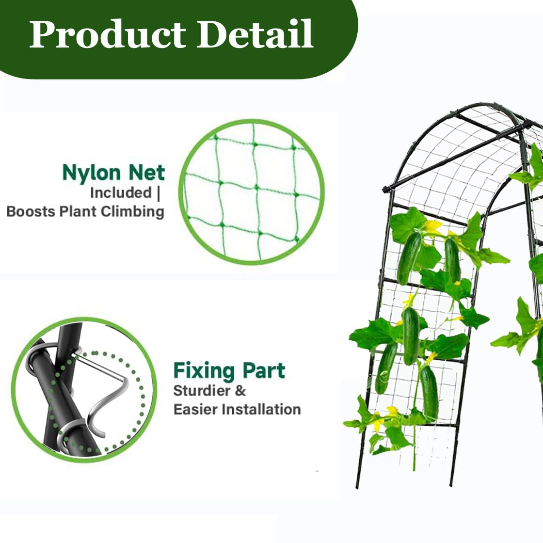 7FT Tall Garden Arch Trellis for Climbing Plants Outdoor Cucumber Trelli for Raised Bed, Metal Trellis Support with Net for Vegetables Tomato Zucchini Squash Beans Peas Melons, Rose Flowers,Vines
