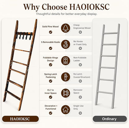 Blanket Ladder with 5 Removable Hooks, 67 Inch 6-Tier Wooden Blanket Rack, Rustic Brown Towel Ladder, Decorative Quilt Rack for Living Room Bedroom Bathroom Farmhouse Decor