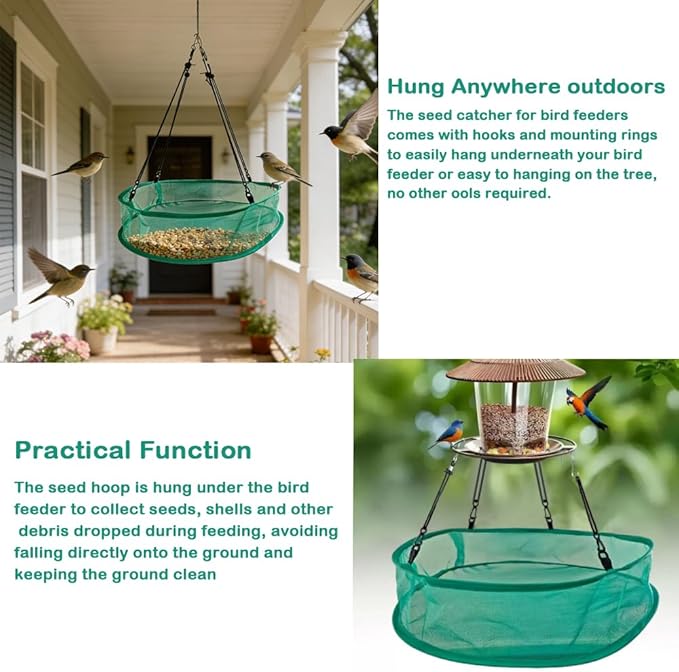Seed Catcher for Bird Feeders, 20'' Bird Feeders for Outdoors Hanging, Birds Feeder Seed Catcher Tray with Adjustable Hanging Hoop for Outdoor Garden Accessories (Grey)