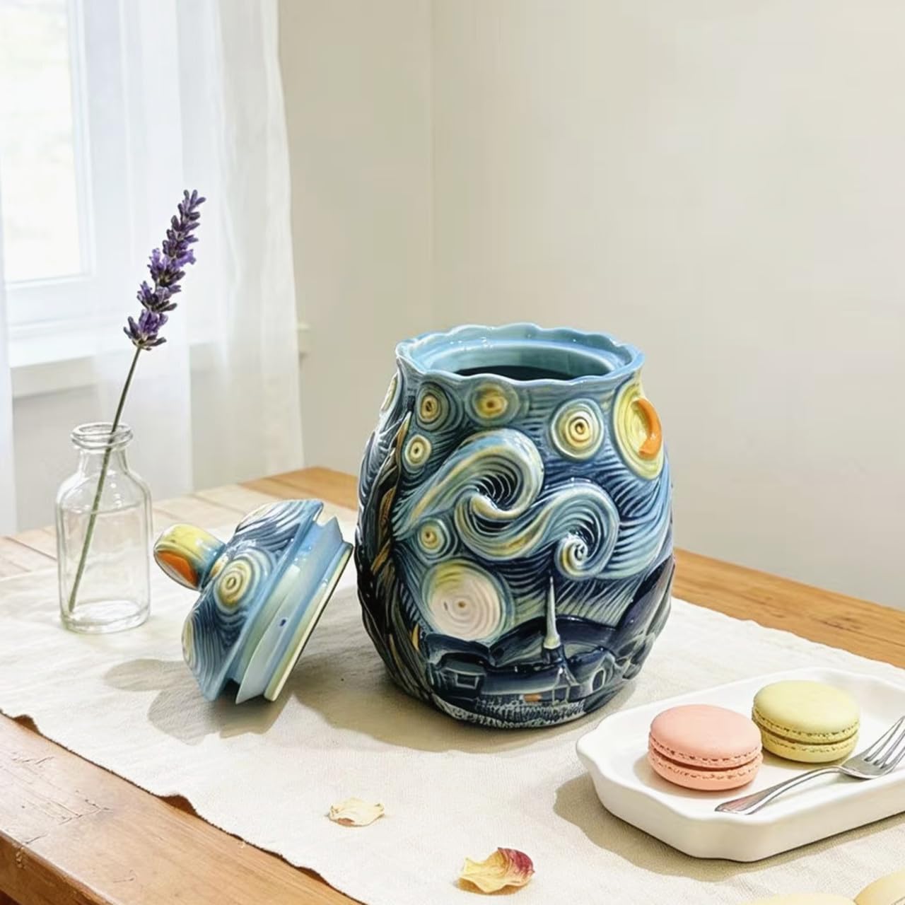 FORLONG Ceramic Hand-Painted Starry Sky Sealed Jar,Food Storage Containers with Lids, Home Kitchen Countertop Decorative(64 ounces)