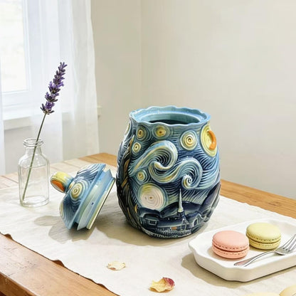 FORLONG Ceramic Hand-Painted Starry Sky Sealed Jar,Food Storage Containers with Lids, Home Kitchen Countertop Decorative(64 ounces)