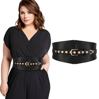 JKEEMI Wide Waist Belt Women Elastic Chunky Stretchy Elegance Belt with Gold Rivets Buckle for Daily Costume