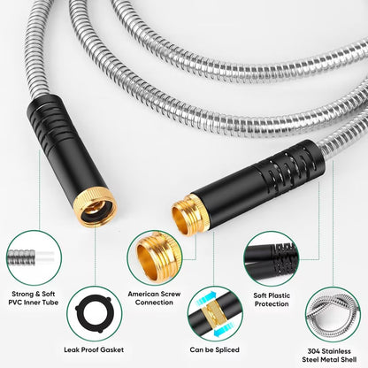 Garden Hose 100ft, Heavy Duty Stainless Steel Water Hose with 10 Functional Nozzles, No Kink, Lightweight and Flexible, Easy to Use and Store, Strong and Sturdy, Suitable for Yard and Lawn