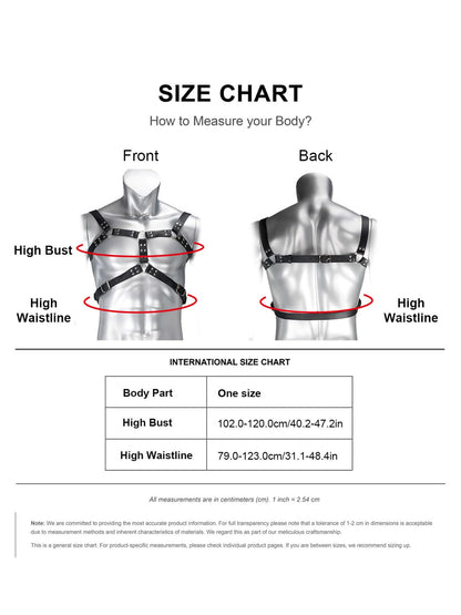Men’s Adjustable Faux Leather Chest Harness with Metal O-Rings, Punk Rock Body Strap for Festival, Rave, Clubwear, Costume and Fashion Styling Outfits(Fit Bust 40.2-47.2in)