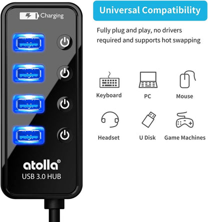 Atolla 4-Port USB 3.0 Hub with 4 Data Ports, 1 Smart Charging Port, Individual On/Off Switches and 5V/3A Adapter