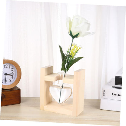 CONGARTENO Heart Vase Hydroponics Planter with Wooden Rack Glass Flower Container for Indoor Greenery Temperature-Resistant Glass Terrarium for Tulips Roses and Branches Decorative Plant