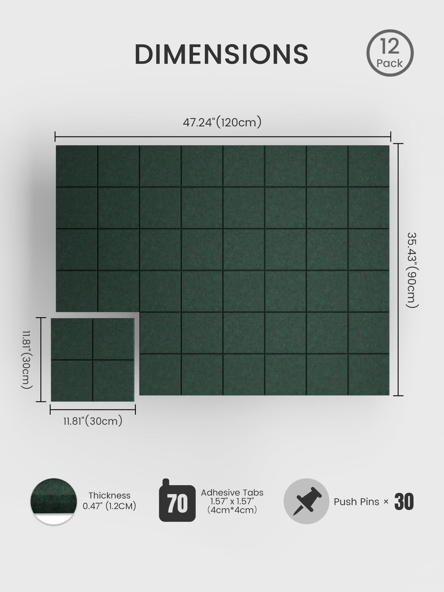 Bumusty Large Felt Bulletin Board, 48" x 36" Cork Board Alternative, 12-Pack Wall Tiles with 4-Compartment Design, 30 Push Pins, 70 Adhesive Tabs, Ideal for Office & Home Decor, Pine Green
