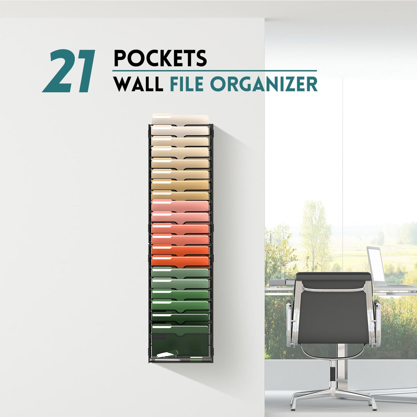 SUPEASY 21 Tier Wall File Organizer, Hanging Wall Mounted Mail Organizer with Label Slots, Metal Mesh File Holder Magazine Rack for Office, Home, School or Classroom, Black