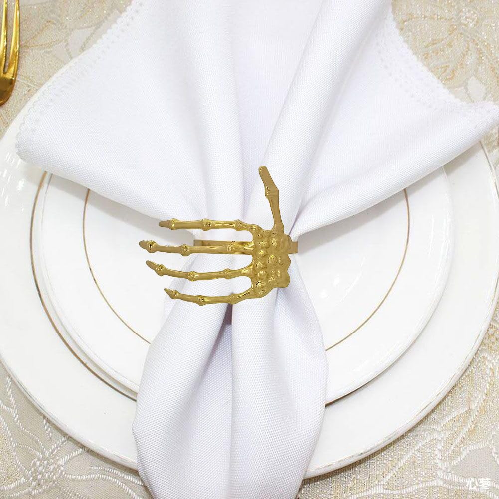 Skull Napkin Rings Set of 12, Gold Skeleton Claw Napkin Ring Metal Holder for Decorative Halloween Cloth Napkins, Home Birthday Daily Party Table Favors Supplies Bar Dinning Cloth Decor
