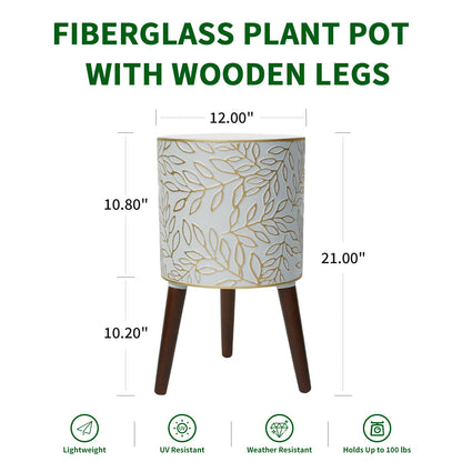 Opnons 12inch Plant Pots with Wood Planter Holder Indoor Flower Pot with Gold Floral Embossed Modern Planters with Drainage Holes for Living Room, Office, Garden or Balcony