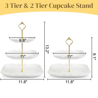 SOUJOY Ceramic Cupcake Stand Set of 2, White Embossed Cupcake Display Holders with Gold Rod, 3 Tier and 2 Tier Square Porcelain Dessert Stands for Birthday Tea Party Wedding Baby Shower