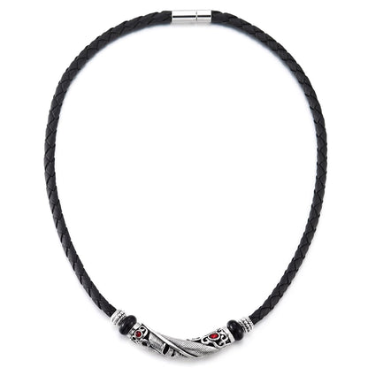 COOLSTEELANDBEYOND Black Braided Leather Necklace with Feather Pendant and Red Gem, Tribal Vintage, Mens Women