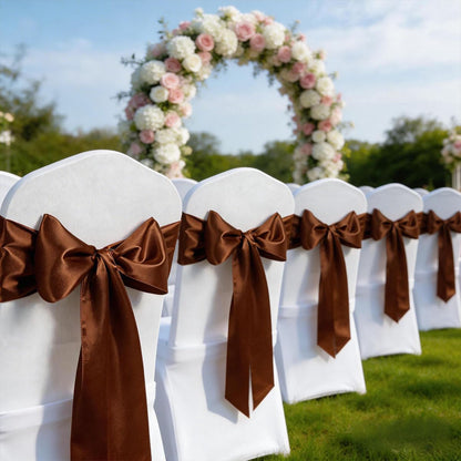 MAGTOWNE Brown Chair Sashes 50 Pack, Chocolate Satin Chairs Bows Ribbons for Party Wedding, Universal Ties Knots for Folding Chairs Decor