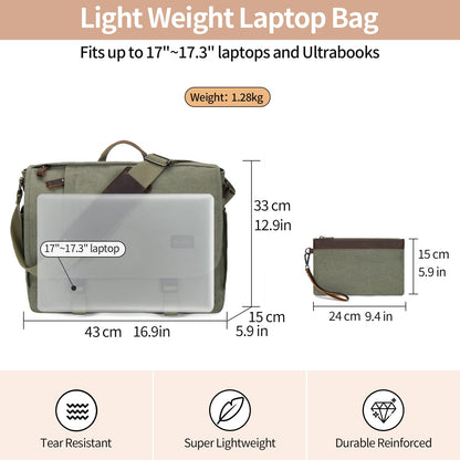 Nerlion Messenger Bag for Men 17-17.3 Inch Laptop Bag Canvas Water-resistant Computer Bag Shoulder Bag Work Briefcase Bookbag for College (Green)