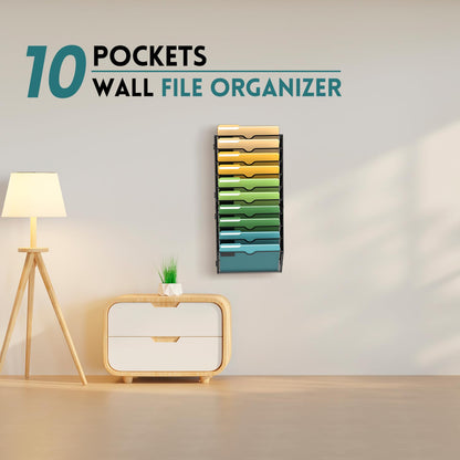 SUPEASY 10 Tier Wall File Organizer, Hanging Wall Mounted Mail Organizer with Label Slots, Metal Mesh File Holder Magazine Rack for Office, Home, School or Classroom, Black