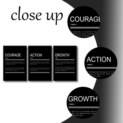 YSPCSUN Triptych Wall Decor Inspirational Posters for Office, Black White Courage Action Growth Quote 3 Panel Canvas Prints for Home Office Dorm Classroom, 48x24 Inch Display