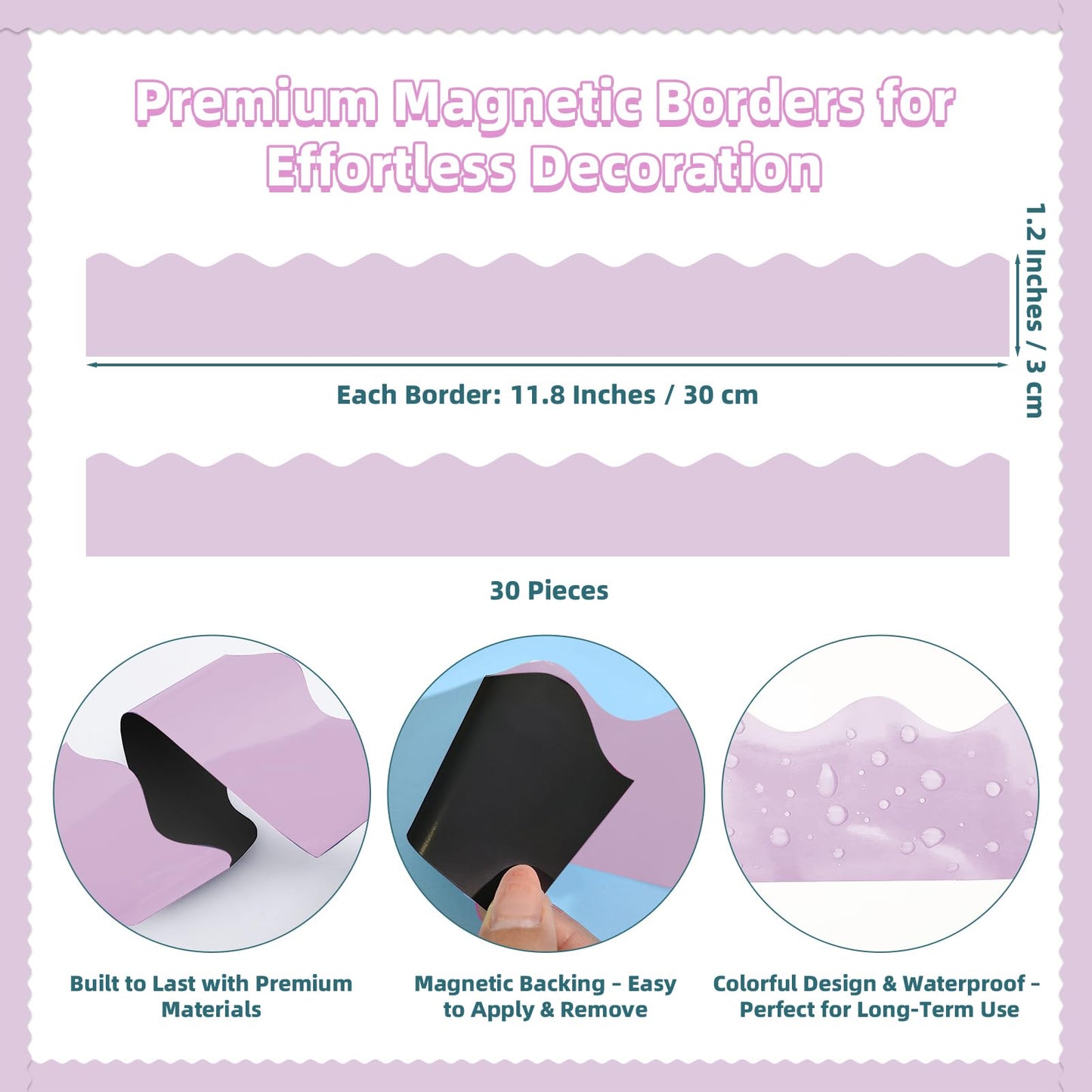 30 Pcs Magnetic Borders for Classroom Whiteboard - Light Purple Magnetic Bulletin Board Border Set - Scalloped Chalkboard Border Strips for Teachers, Parents, DIY Home,School & Office Decoration