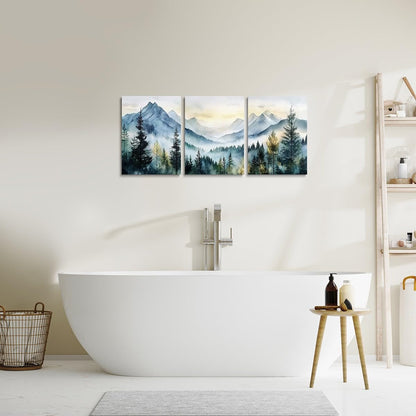 jejeloiu Smoky Mountain Canvas Wall Art for Living Room Bedroom 12"x16"x3pcs Sunrise Trees Picture Wall Decor for Bathroom Natural Scenery Art Office Decorations Artwork Posters Foggy Scenic Painting