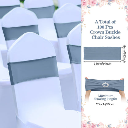 VitalCozy 100 Pcs Spandex Chair Sashes with Crown Buckle Slider Stretch Chair Bands Cover Ties for Wedding, Banquet, Gala, Corporate Event, Birthday Party, Baby Shower(Dusty Blue)