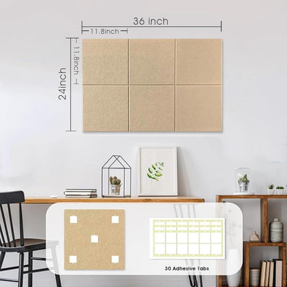 Large Cork Board for Office Wall Decor, 36"x24"- 6 Pack Felt Wall Tiles with Safe Removable Adhesive Tabs, 1/2" Thick, Felt Bulletin Board Pin Board Cork Boards for Walls - Tan
