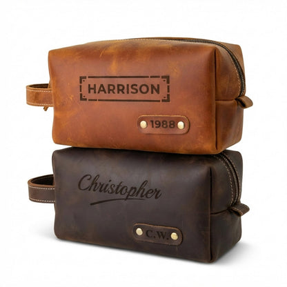 Personalized Toiletry Bag for Men – Genuine Leather Dopp Kit with Custom Engraved Name or Initials – Travel Shaving Bag Gift for Dad, Husband, Groomsmen, Boyfriend, Christmas, Birthday, Anniversary