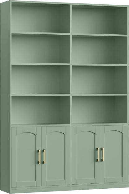 FACBOTALL Bookshelf and Bookcase with Doors, 6 Tier Double Wide Large Bookshelves, Open Display Shelves, 73'' Tall Bookshelf with Storage Cabinets for Home Office, Living Room, Library, Green